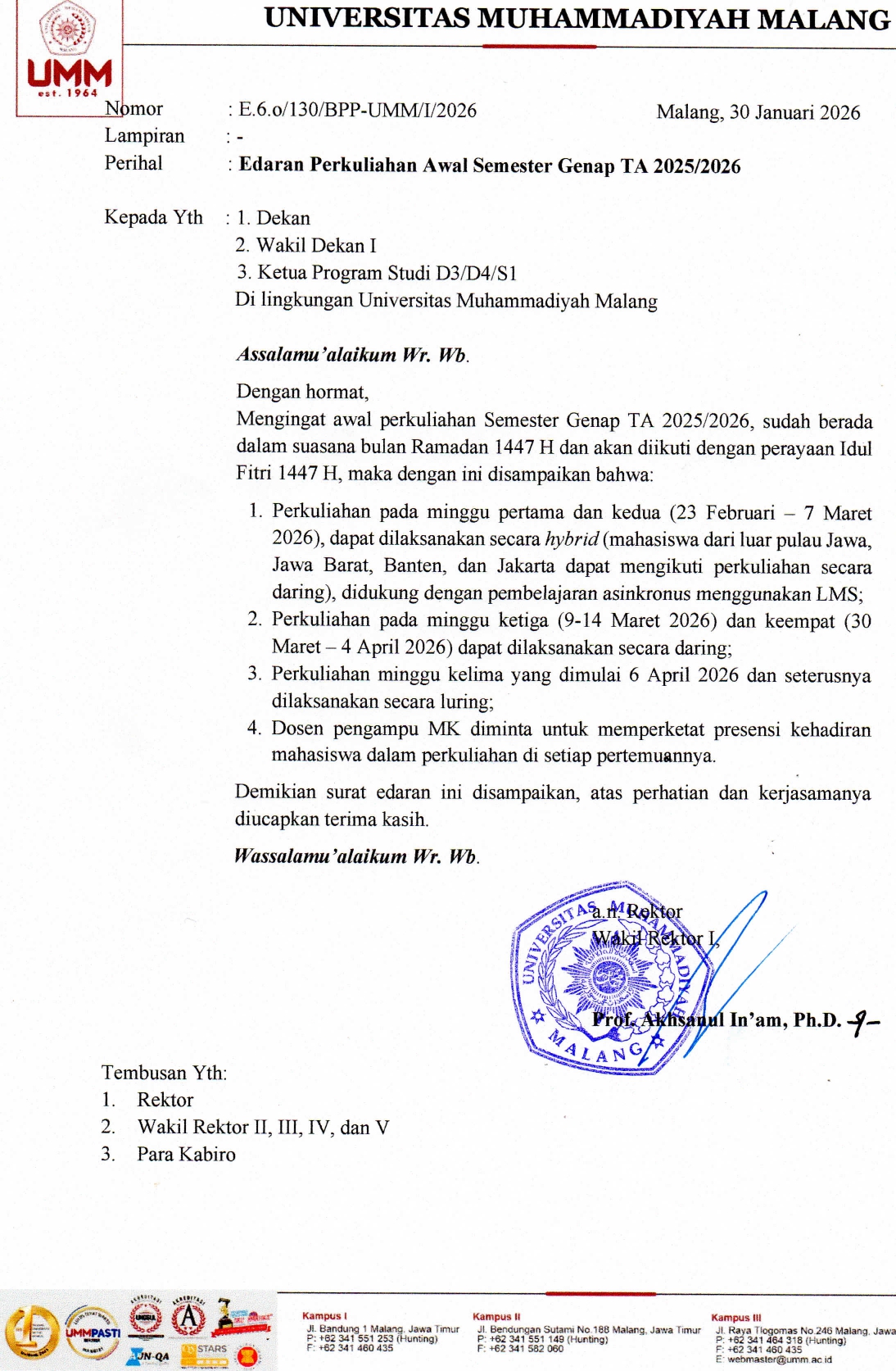 Edaran Perkuliahan Genap 2025-2026